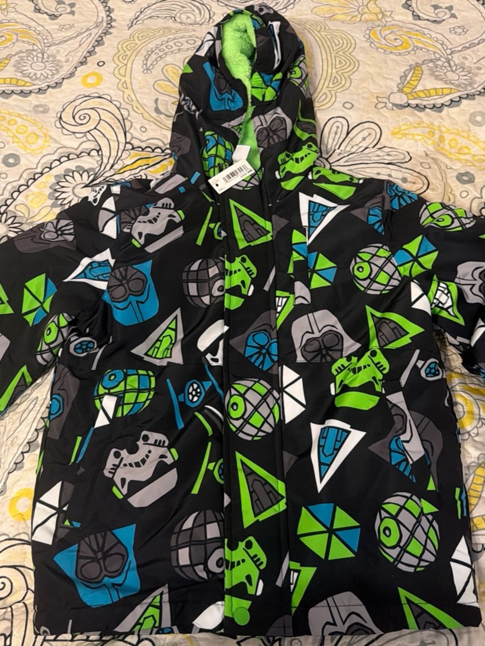 Amazon Essentials Black Hooded Puffer Jacket with Green & Blue Space Graphics